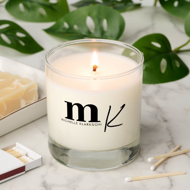 Modern Minimalist Black White Monogram  Scented Candle (Lit)