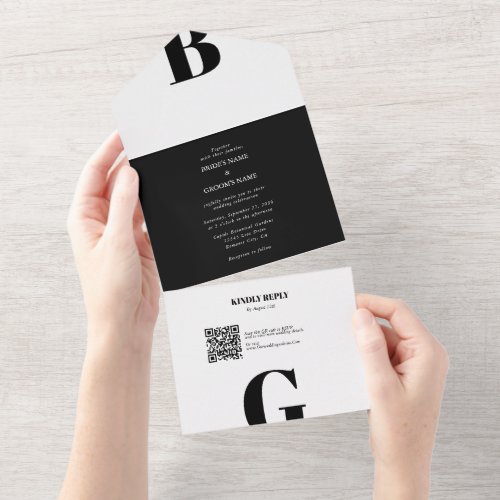 Modern Minimalist Black  White Monogram Wedding  All In One Invitation