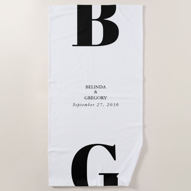 Modern Minimalist Black & White Monogram Wedding  Beach Towel (Front)