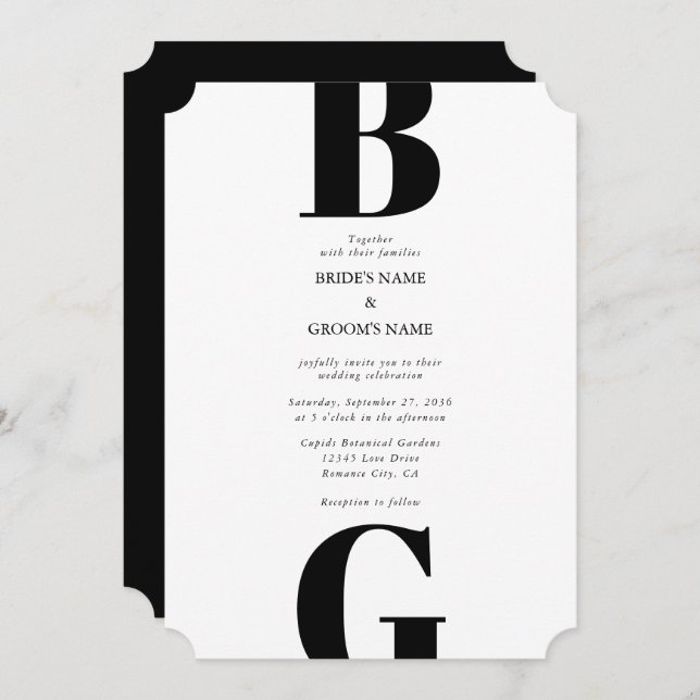 Modern Minimalist Black & White Monogram Wedding Invitation (Front/Back)