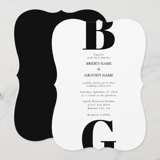 Modern Minimalist Black & White Monogram Wedding Invitation (Front/Back)