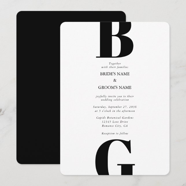 Modern Minimalist Black & White Monogram Wedding   Invitation (Front/Back)