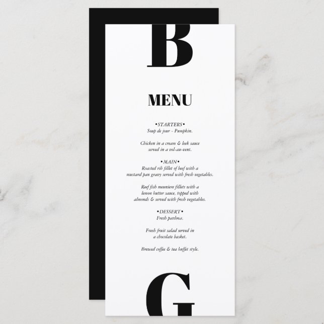 Modern Minimalist Black & White Monogram Wedding Menu (Front/Back)