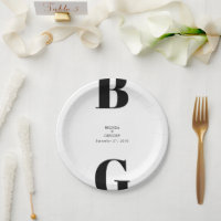 Modern Minimalist Black & White Monogram Wedding Paper Plates