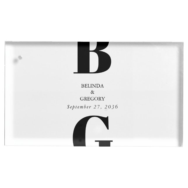 Modern Minimalist Black & White Monogram Wedding  Place Card Holder (Front)