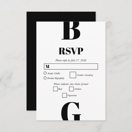 Modern Minimalist Black  White Monogram Wedding  RSVP Card