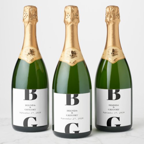 Modern Minimalist Black  White Monogram Wedding  Sparkling Wine Label