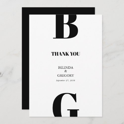 Modern Minimalist Black  White Monogram Wedding  Thank You Card