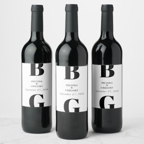 Modern Minimalist Black  White Monogram Wedding  Wine Label