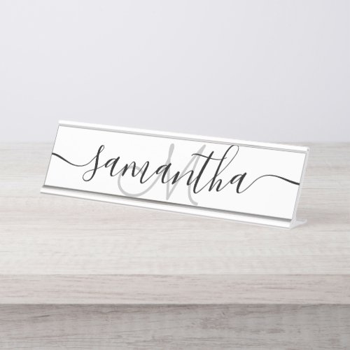 Modern minimalist black white name simple monogram desk name plate