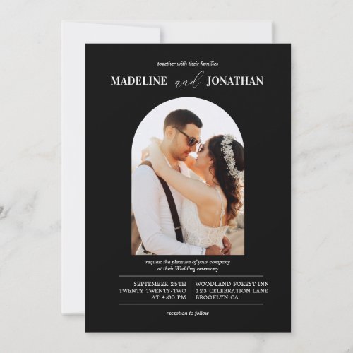 Modern Minimalist Black White Photo Arch Wedding Invitation