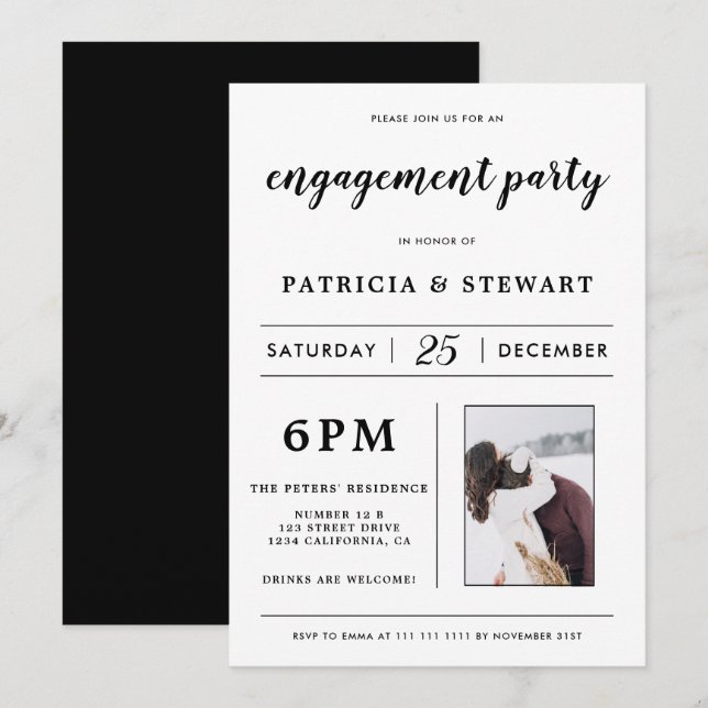 Modern minimalist black white photo engagement invitation (Front/Back)