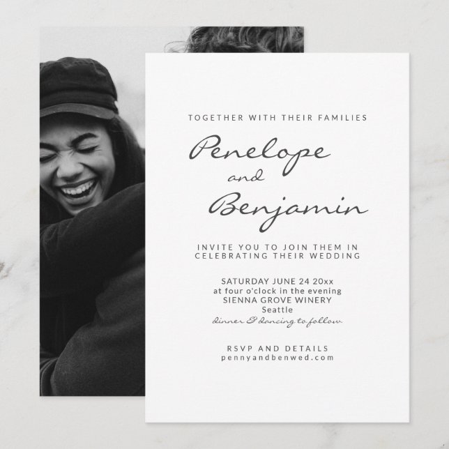 Modern Minimalist Black White Photo Script Wedding Invitation (Front/Back)