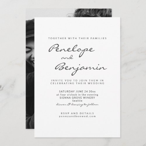 Modern Minimalist Black White Photo Script Wedding Invitation
