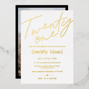 Modern minimalist black white photo surprise 21st foil invitation
