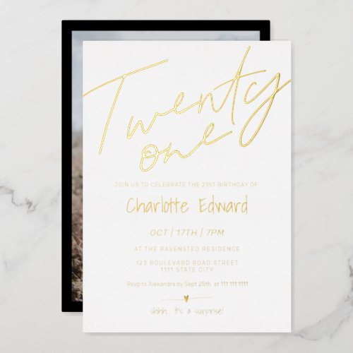 Modern minimalist black white photo surprise 21st foil invitation