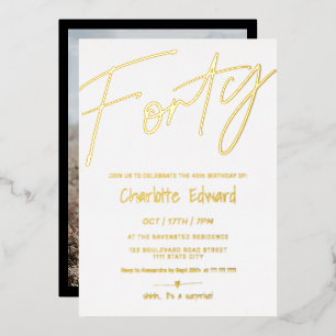 Modern minimalist black white photo surprise 40th foil invitation