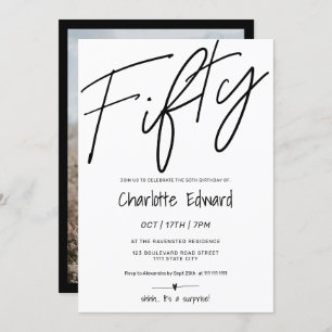Modern minimalist black white photo surprise fifty invitation