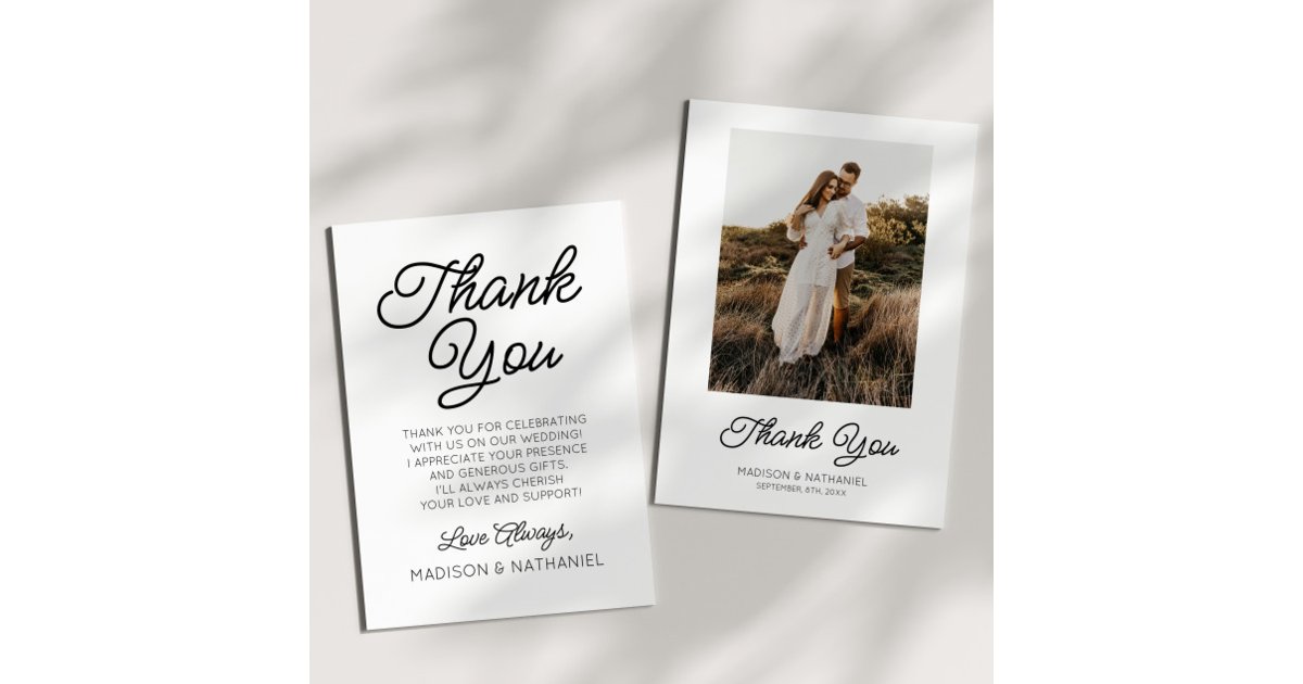 Modern Minimalist Black White Picture Wedding Thank You Card | Zazzle