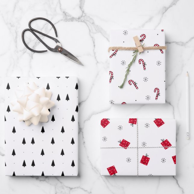 Modern Minimalist Black White & Red Christmas Wrapping Paper Sheets (Front)