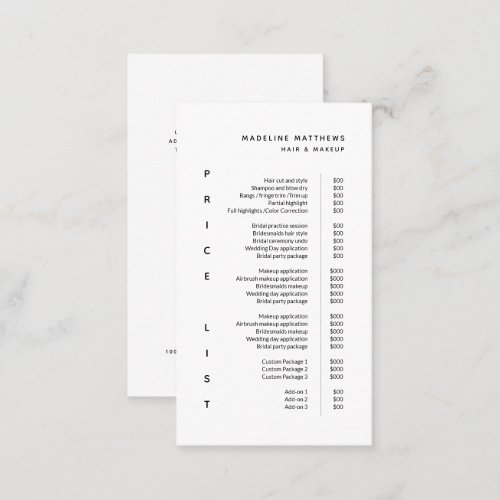 Modern Minimalist Black White Salon Price List Spa Business Card