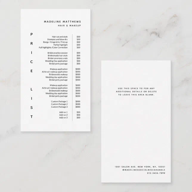 Modern Minimalist Black White Salon Price List Spa Business Card Zazzle