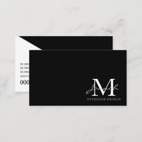 Modern Minimalist Black White Script Monogram Business Card