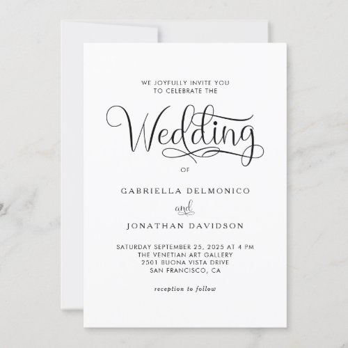 Modern Minimalist Black White Script Wedding Invitation