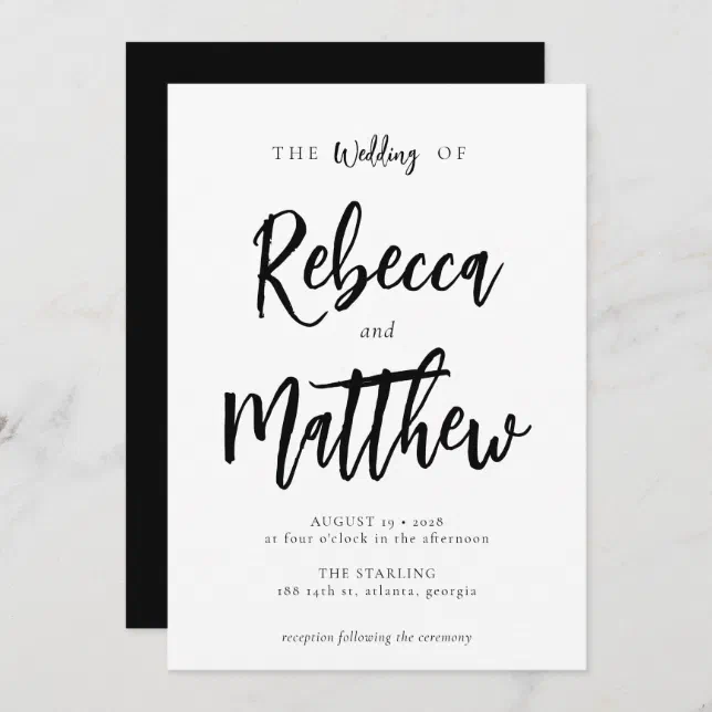 Modern Minimalist Black White Script Wedding Invitation | Zazzle