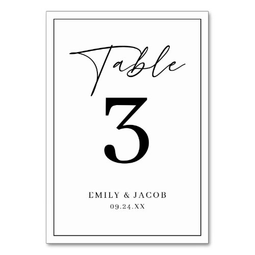 Modern Minimalist Black  White Script Wedding Table Number