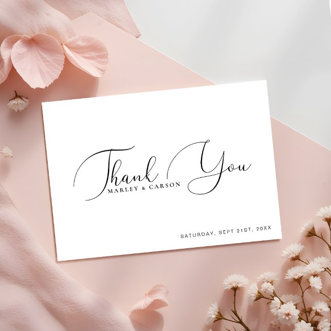 Modern Minimalist Black White Script Wedding Thank You Card (Creator Uploaded)