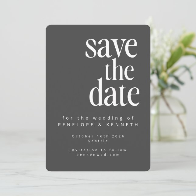Modern Minimalist Black White Simple Bold Wedding Save The Date (Standing Front)