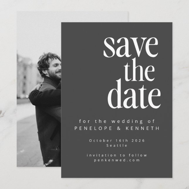 Modern Minimalist Black White Simple Photo Wedding Save The Date (Front/Back)