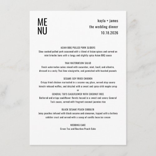 Modern Minimalist Black White Stylish Wedding Menu