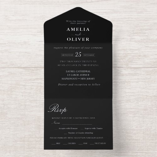 Modern Minimalist Black White Typography Wedding  All In One Invitation