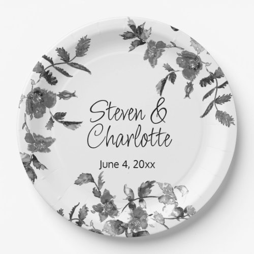 Modern minimalist black white watercolor roses     paper plates
