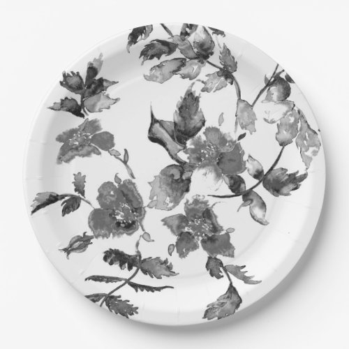 Modern minimalist black white watercolor roses    paper plates