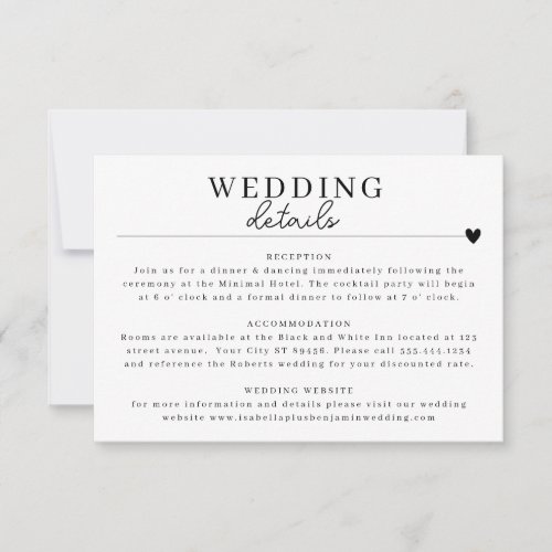 Modern Minimalist Black White Wedding Details Card