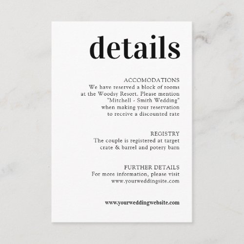 Modern Minimalist Black  White Wedding DETAILS Enclosure Card