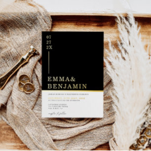 Modern & Minimalist Black   White Wedding Gold  Foil Invitation