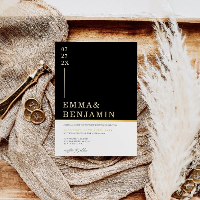 Modern & Minimalist Black | White Wedding Gold  Foil Invitation (Creator Uploaded)