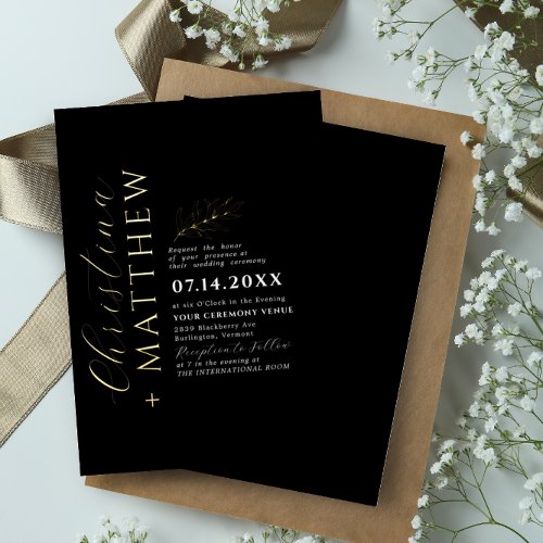 Modern Minimalist Black White Wedding Gold Foil Invitation