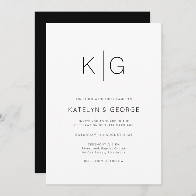 Modern Minimalist Black White Wedding Invitation (Front/Back)