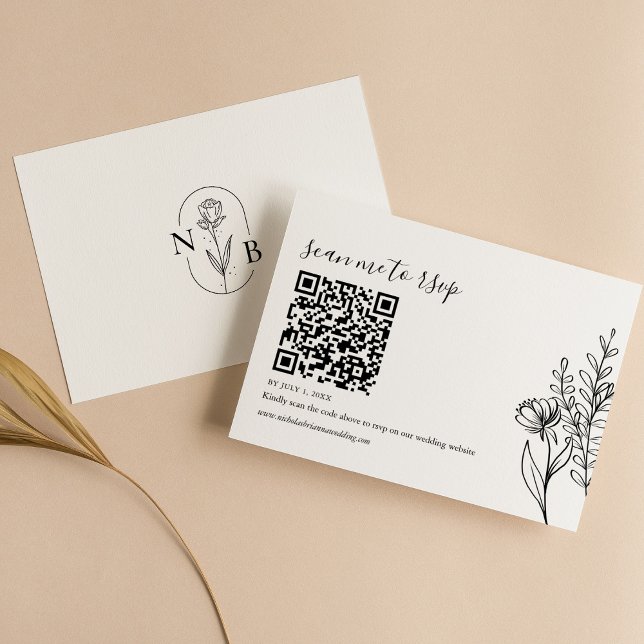 Modern Minimalist Black White Wedding QR Code RSVP Card (Creator Uploaded)