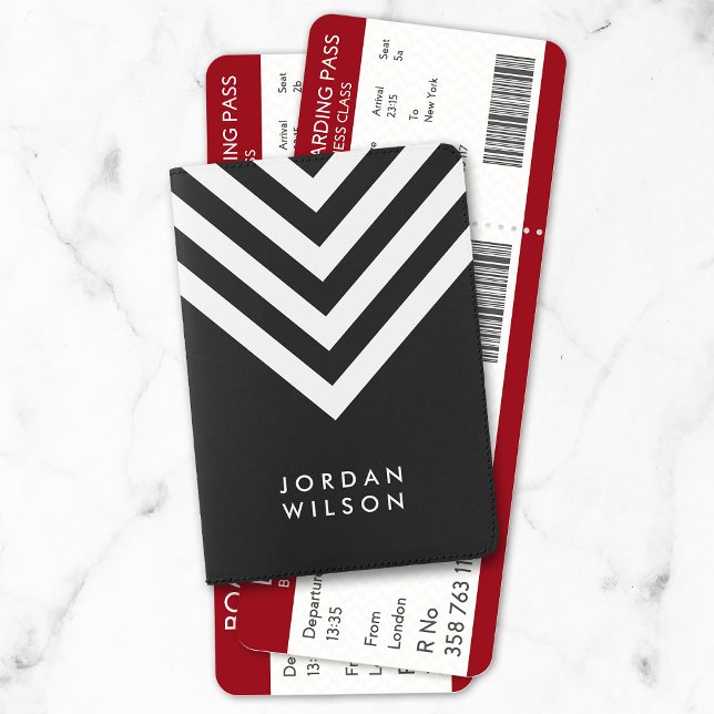 Modern Minimalist Black with White Chevron Name Passport Holder (Creator Uploaded)