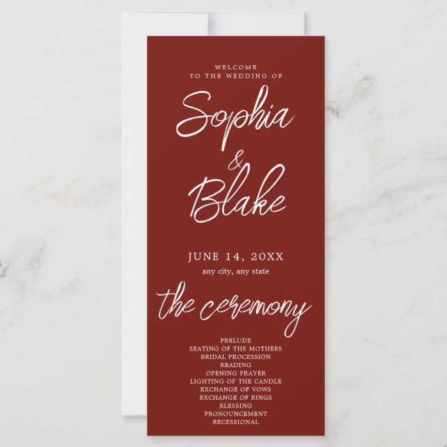 Modern Minimalist Blood Red Wedding Program (Front)