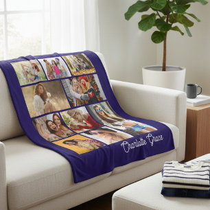 Modern Minimalist Blue 10 Photo Collage With Name Fleece Blanket