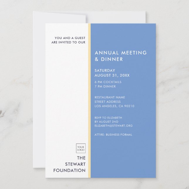 Modern Minimalist Blue and Gold Business Dinner Invitation (Front)