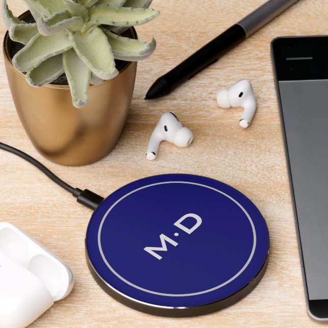 Modern Minimalist Blue and Gray Monogram Wireless Charger (Desk 2)