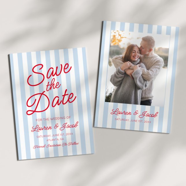 Modern Minimalist Blue and Red Stripes Wedding Save The Date (Creator Uploaded)